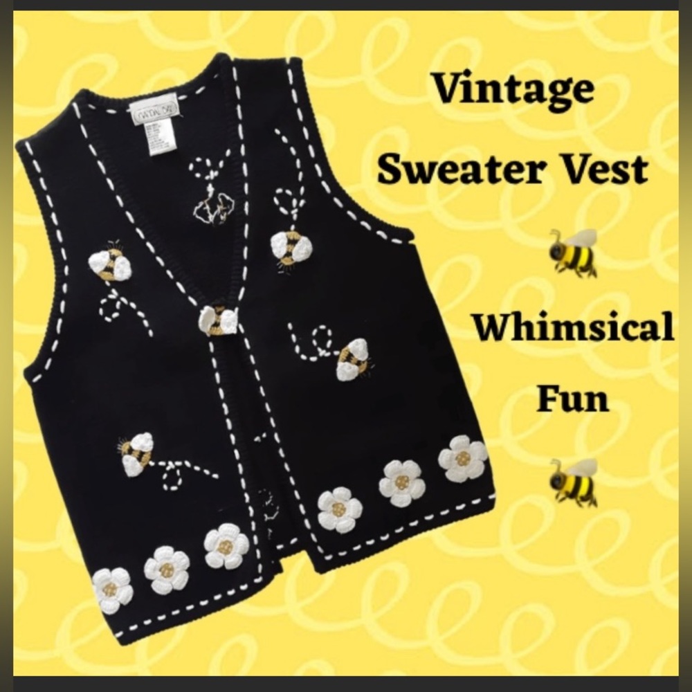 Vintage Sweater Vest Bumble Bee Daisy Flower Hand Decorated Crochet Knit Size M